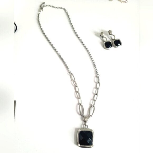 Vintage Matte Silver ToneChunky Black Onyx Faceted Crystal Y Necklace Earrings - Picture 2 of 9